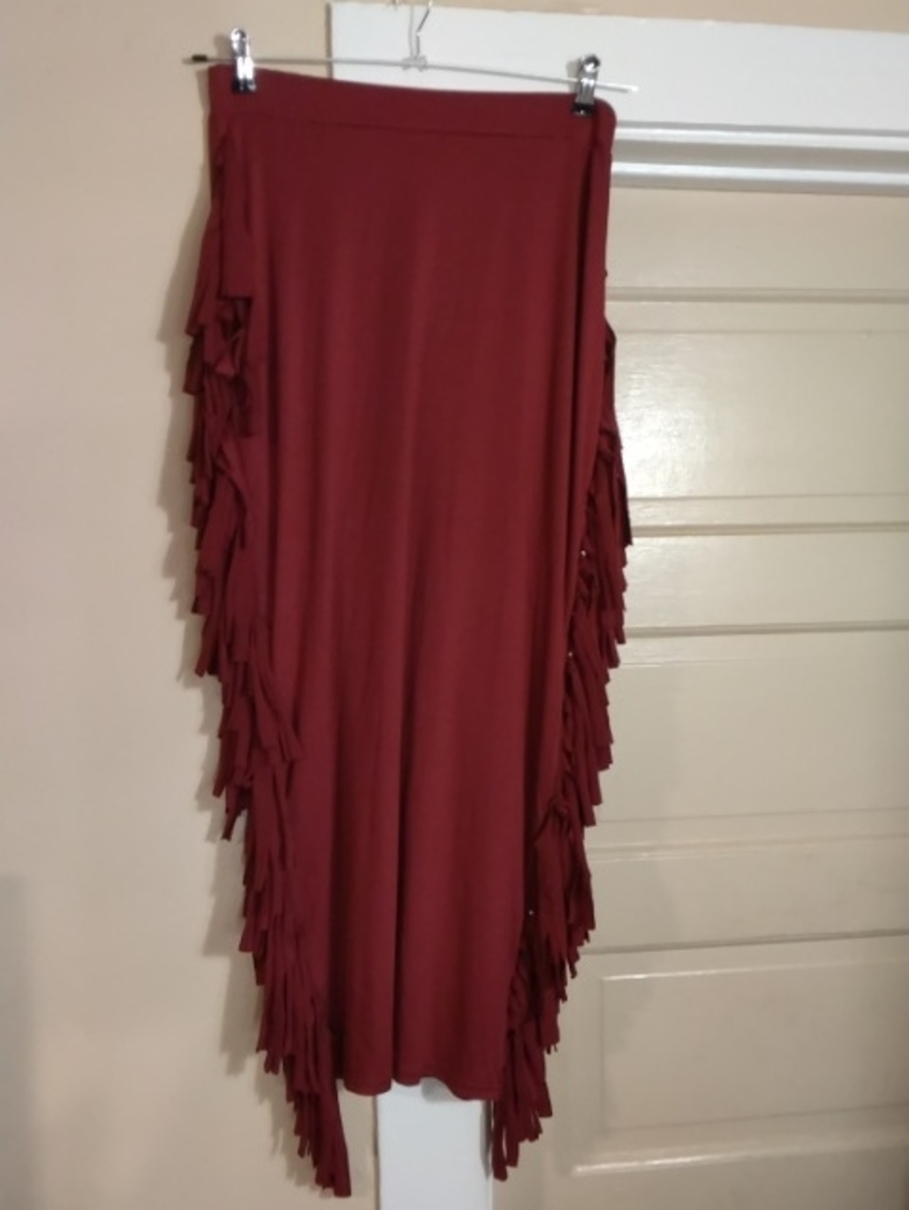 High-Low Fringe Midi Skirt in Burgundy
